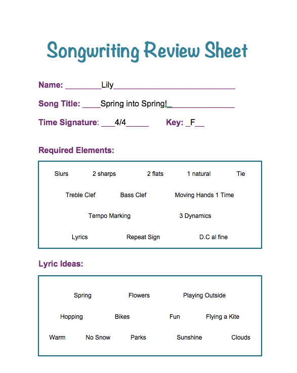 Songwriting for Review Free Printable On A Good Note